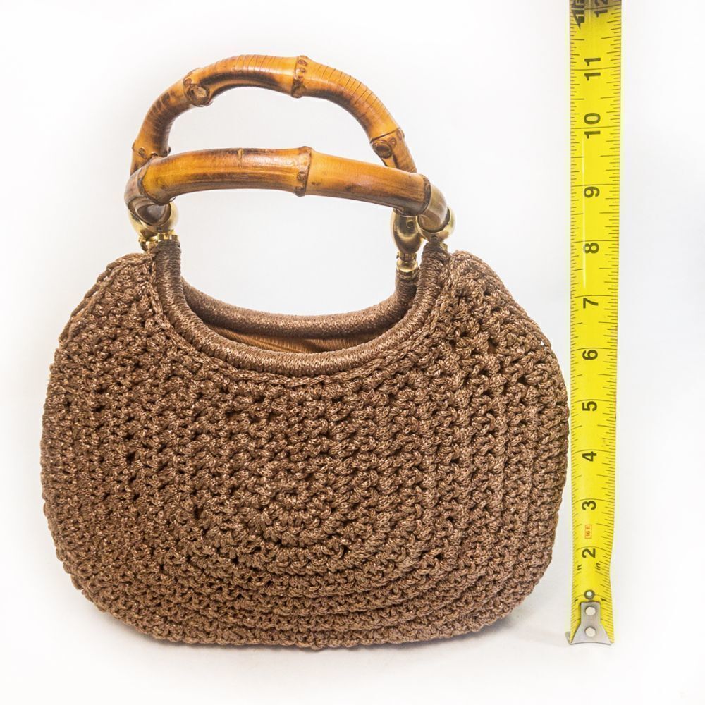 Vintage Brandeis Brown Macrame Clamshell Handbag Bamboo Handles - Picture 12 of 13